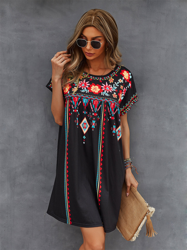 Women Boho Folk Floral Tee Dress - Short Sleeve Sundress Summer