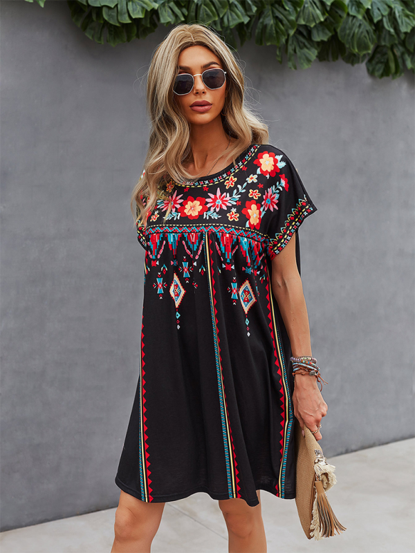 Women Boho Folk Floral Tee Dress - Short Sleeve Sundress Summer