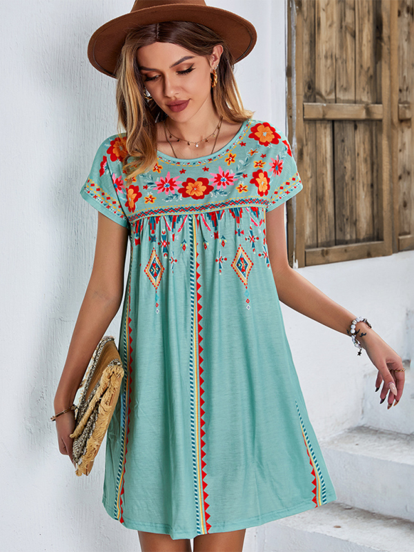 Women Boho Folk Floral Tee Dress - Short Sleeve Sundress Summer