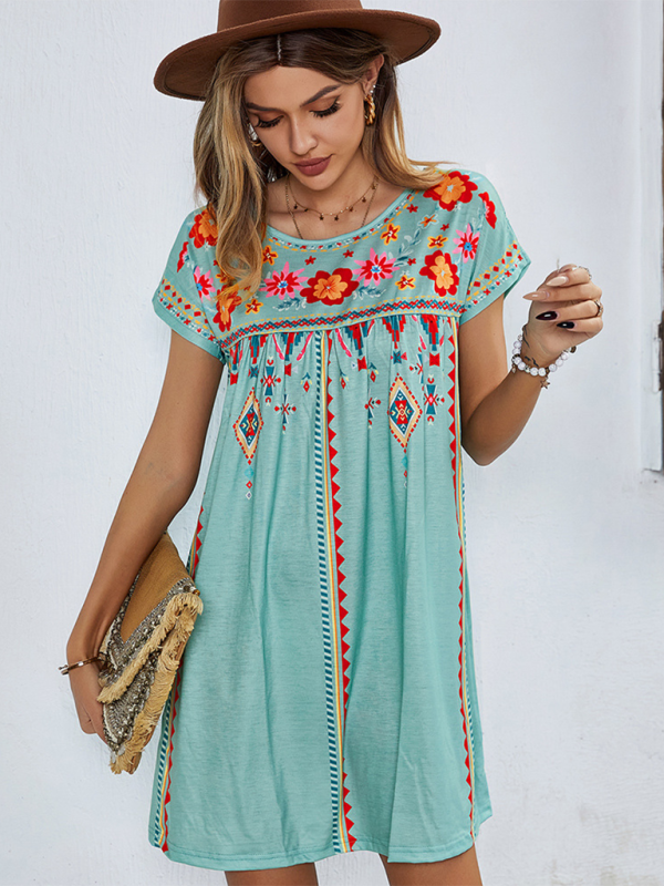 Women Boho Folk Floral Tee Dress - Short Sleeve Sundress Summer