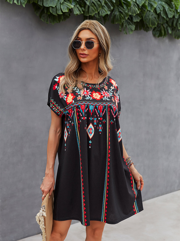 Women Boho Folk Floral Tee Dress - Short Sleeve Sundress Summer