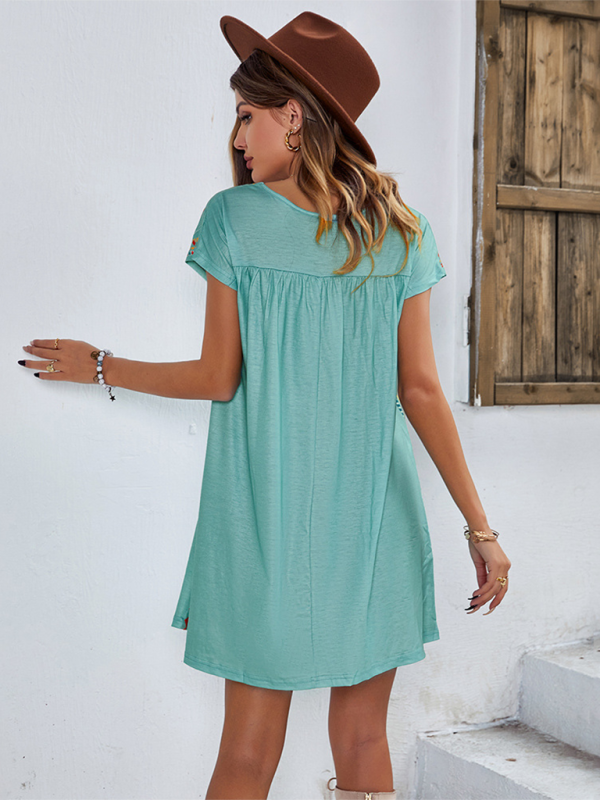 Women Boho Folk Floral Tee Dress - Short Sleeve Sundress Summer