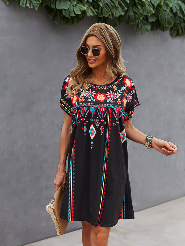 Women Boho Folk Floral Tee Dress - Short Sleeve Sundress Summer