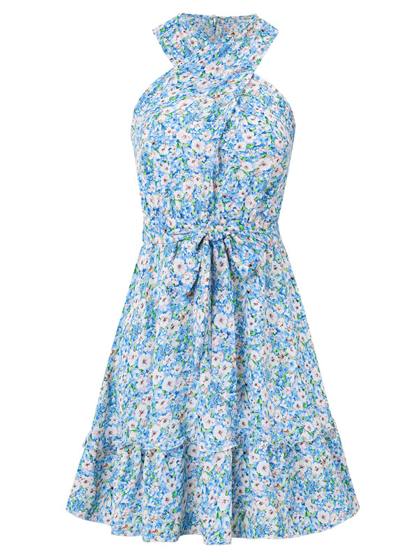 Women's Belted Floral Knot-Back Halter Sundress Sundresses