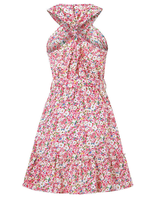 Women's Belted Floral Knot-Back Halter Sundress Sundresses