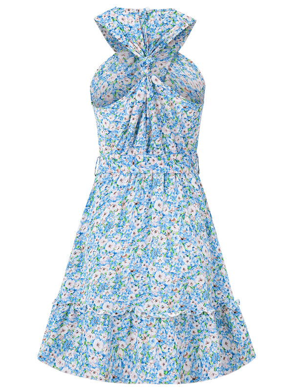 Women's Belted Floral Knot-Back Halter Sundress Sundresses