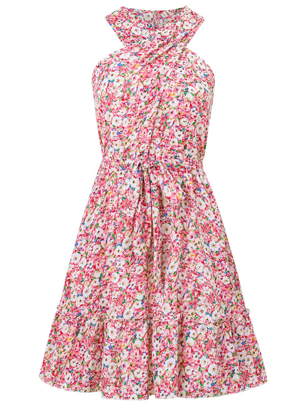 Women's Belted Floral Knot-Back Halter Sundress Sundresses