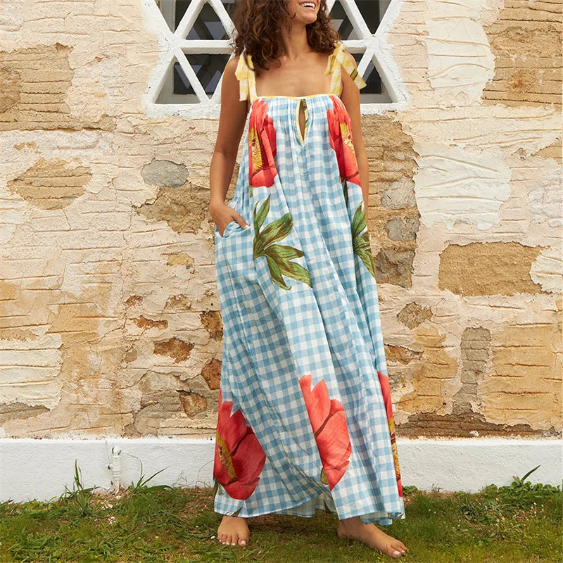 Tulip Print Vacation Off-Shoulder Loose Maxi Dress Vacation