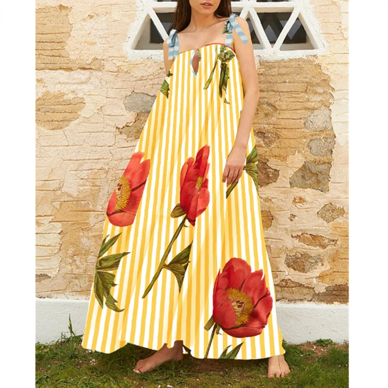 Tulip Print Vacation Off-Shoulder Loose Maxi Dress Vacation