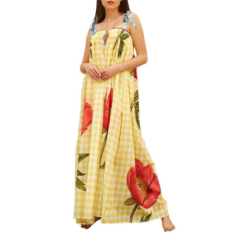 Tulip Print Vacation Off-Shoulder Loose Maxi Dress Vacation