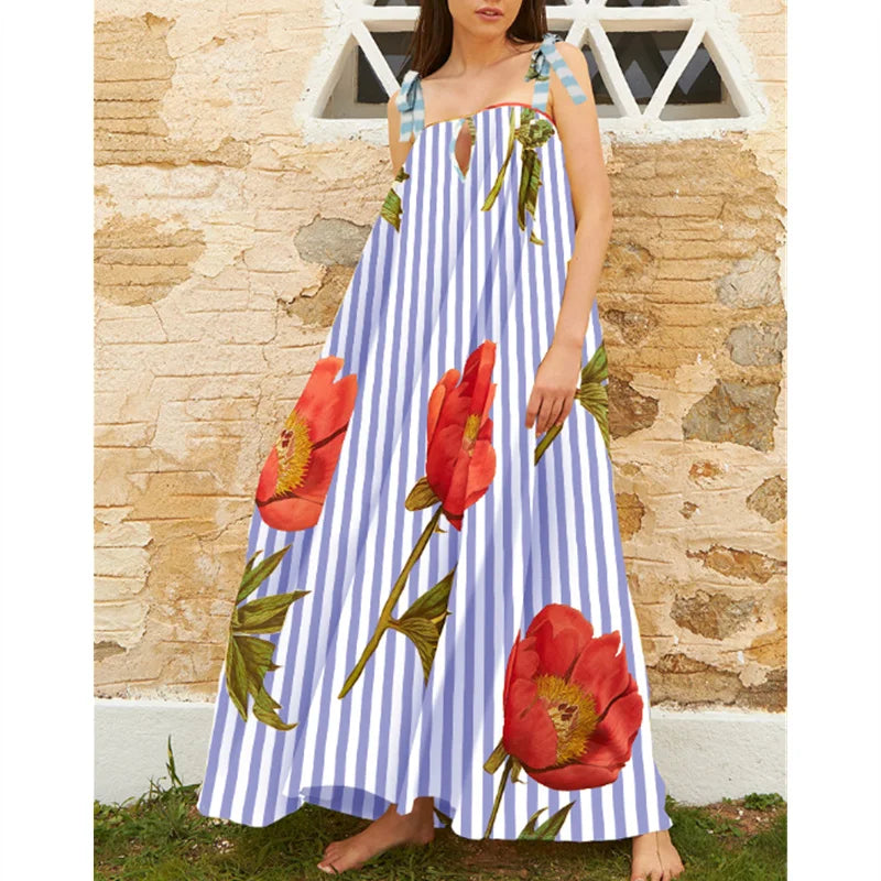 Tulip Print Vacation Off-Shoulder Loose Maxi Dress Vacation