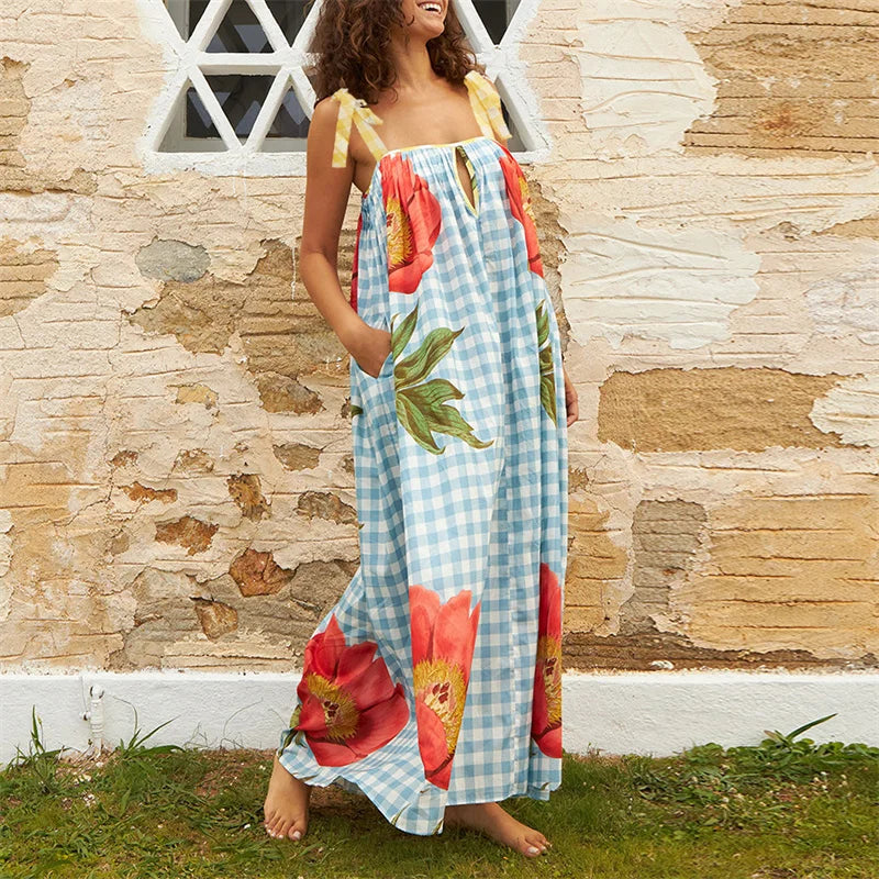 Tulip Print Vacation Off-Shoulder Loose Maxi Dress Vacation