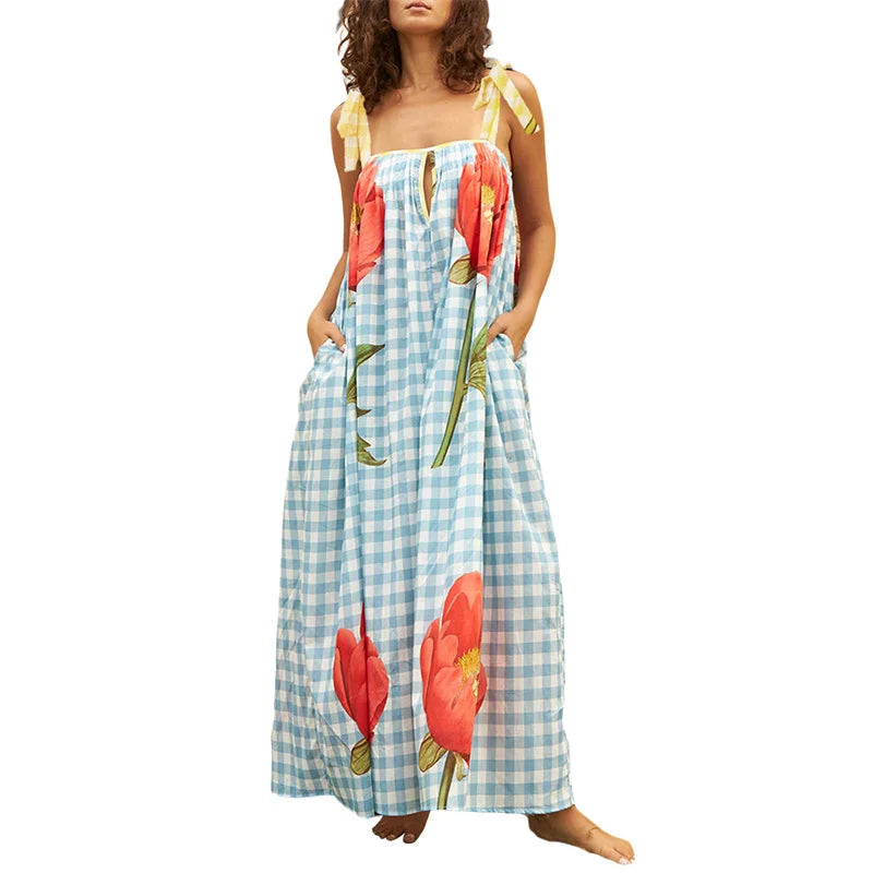 Tulip Print Vacation Off-Shoulder Loose Maxi Dress Vacation