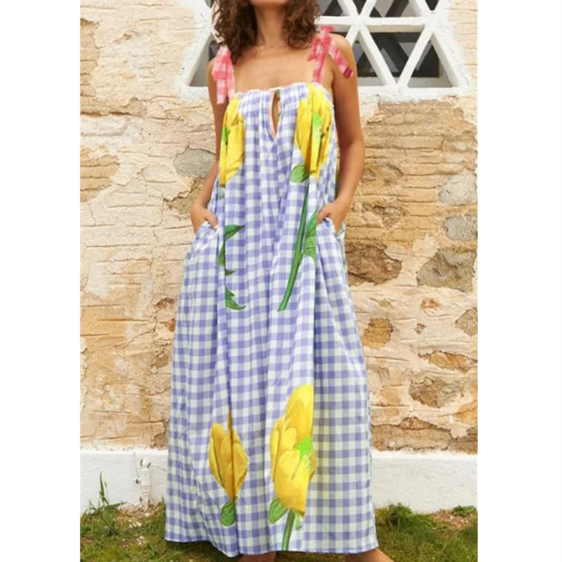 Tulip Print Vacation Off-Shoulder Loose Maxi Dress Vacation