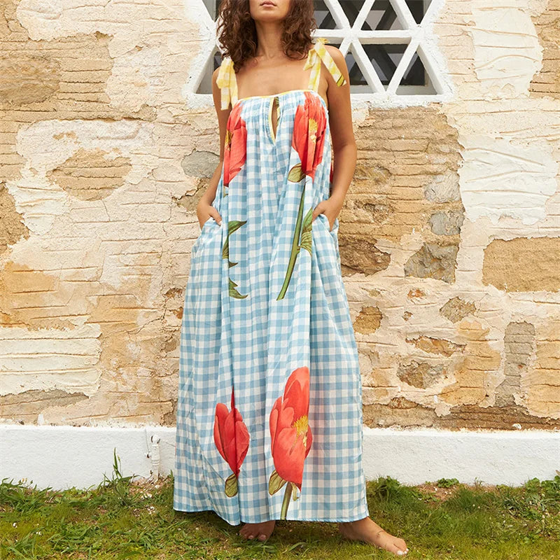 Tulip Print Vacation Off-Shoulder Loose Maxi Dress	