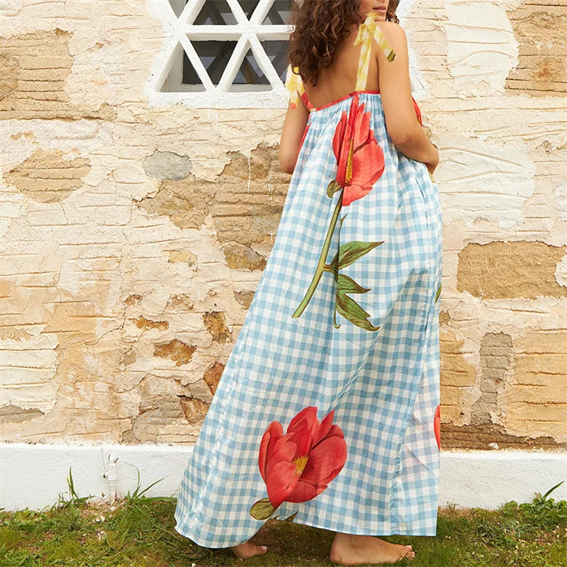 Tulip Print Vacation Off-Shoulder Loose Maxi Dress Vacation