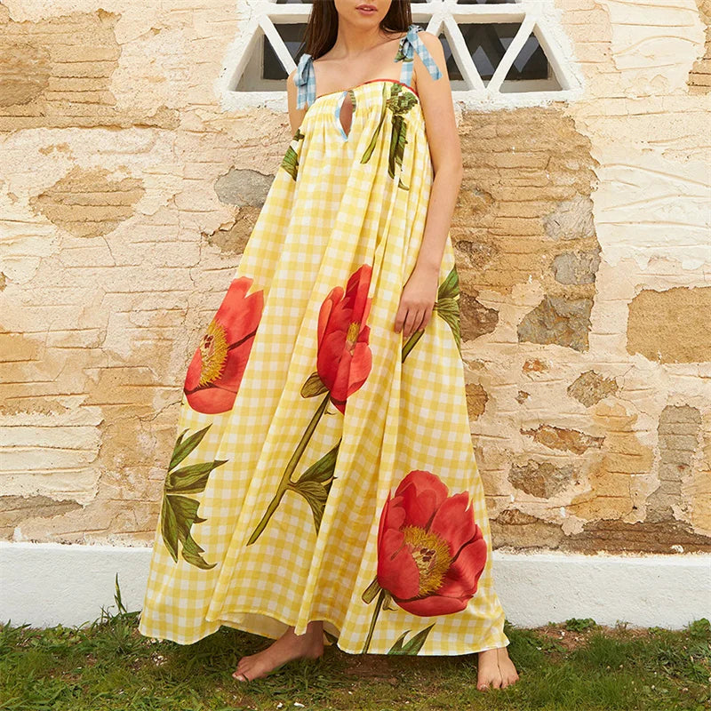 Tulip Print Vacation Off-Shoulder Loose Maxi Dress Vacation