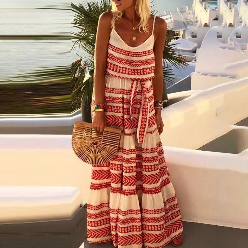 Boho Print Tiered Waist Tie Cami Maxi Dress	