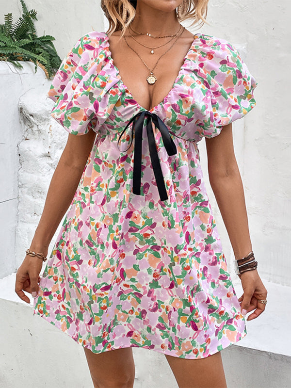 Floral Doll Puff short Sleeve Contrast Tie Mini Dress	