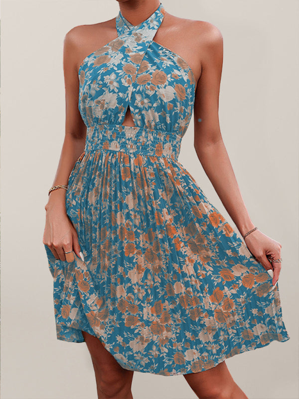 Boho Floral Halter Dress: Twist-Front, Smocked Waist, Backless - Versatile Style	