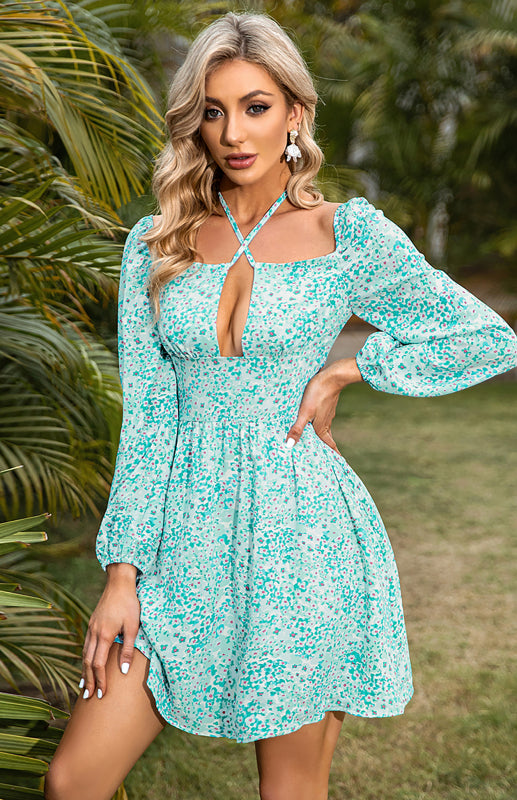 Floral Flare Halter Mini Dress: Elegant Style with Sexy Cutout