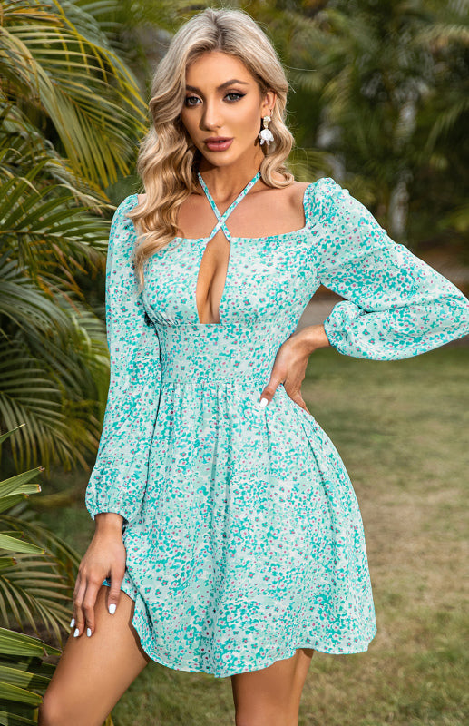 Floral Flare Halter Mini Dress: Elegant Style with Sexy Cutout