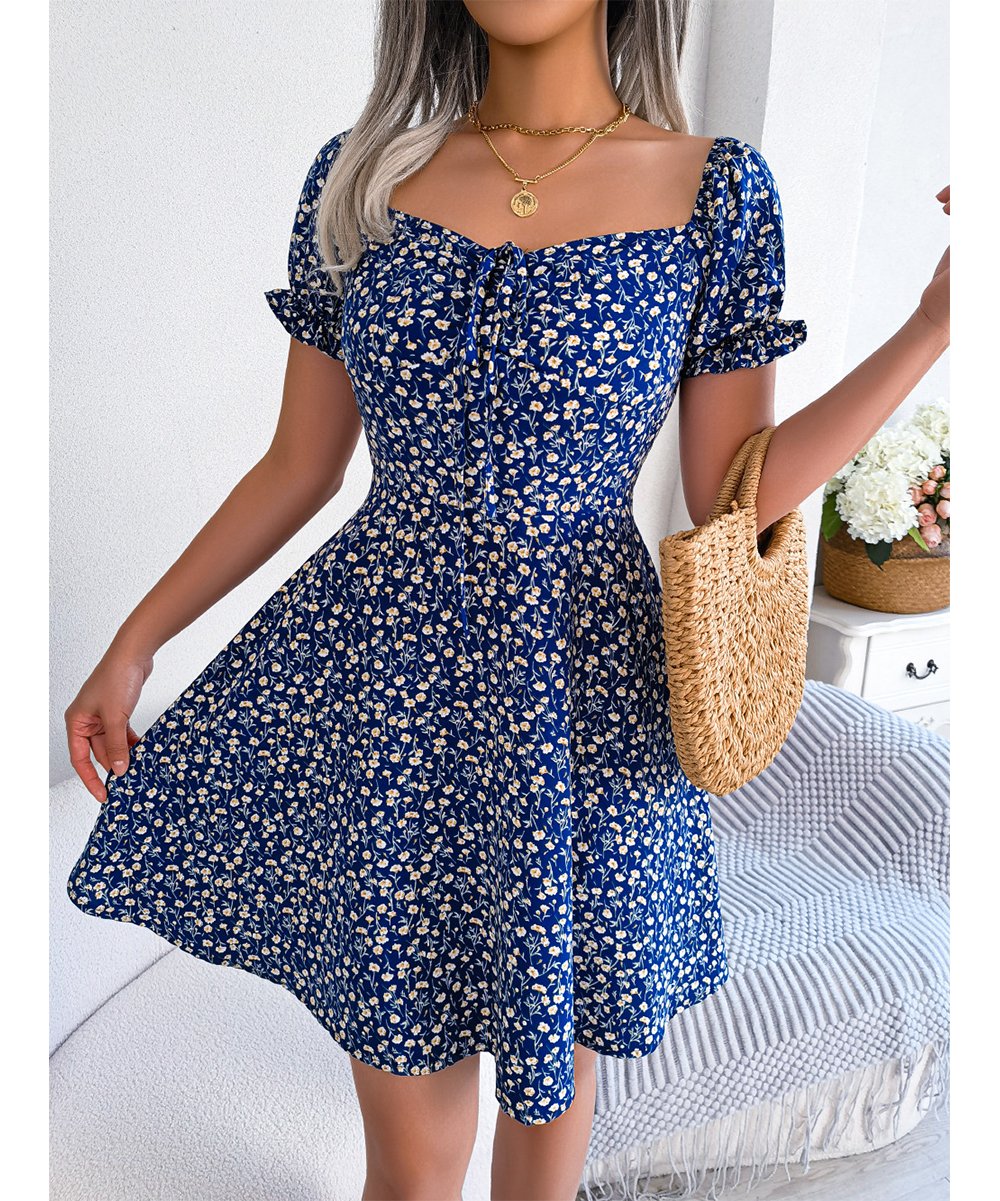 Chic and Comfy Floral A-Line Dress with Tie Front and Square Open