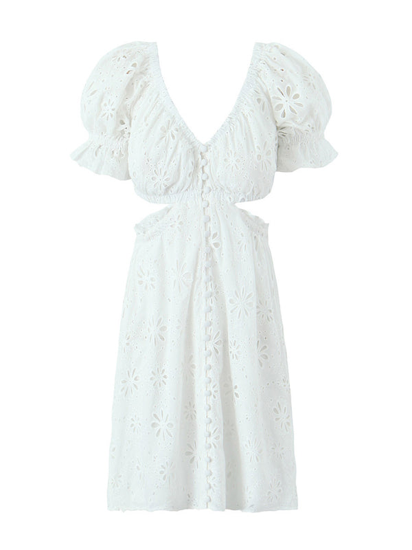 Romantic Button-Up Embroidered Off Shoulder Summer Dress in