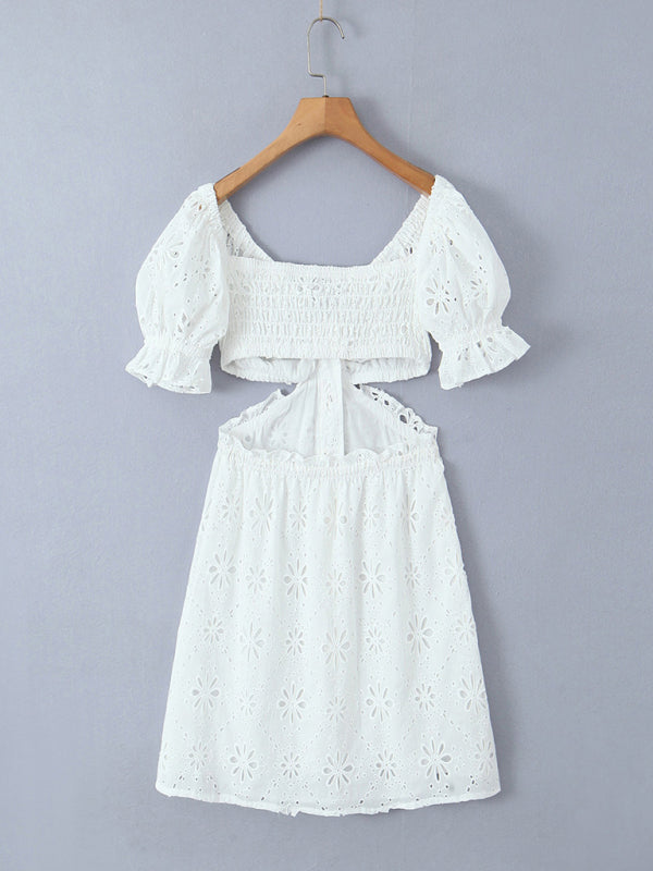 Romantic Button-Up Embroidered Off Shoulder Summer Dress in