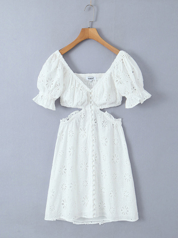 Romantic Button-Up Embroidered Off Shoulder Summer Dress in