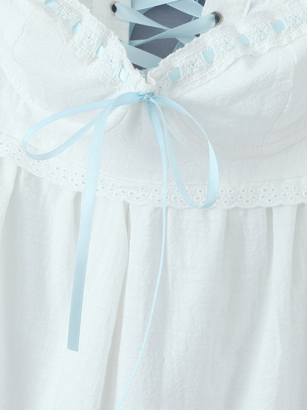 Cotton Romantic Empire Dress with Contrast Lace-Up Ribbon Back