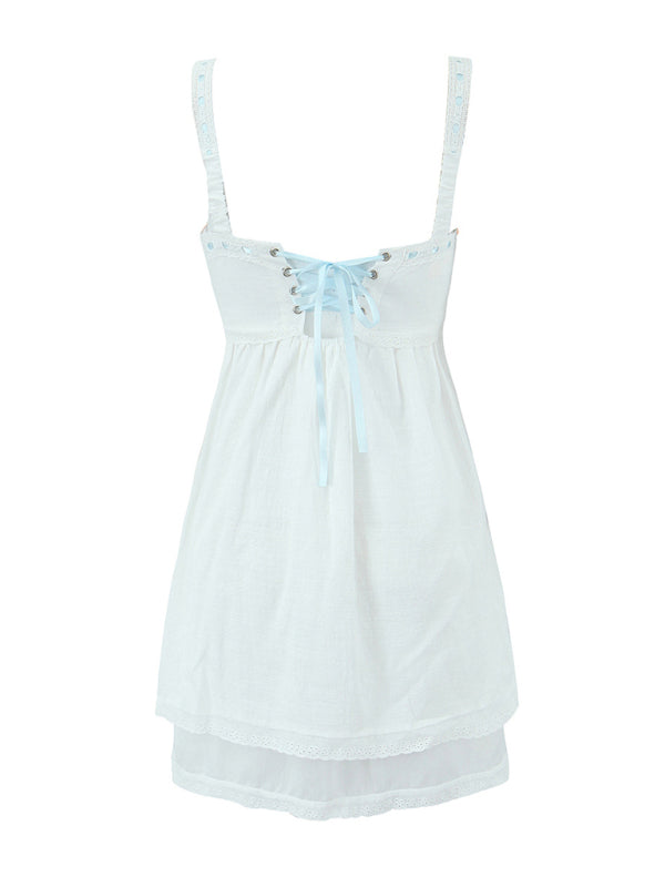 Cotton Romantic Empire Dress with Contrast Lace-Up Ribbon Back