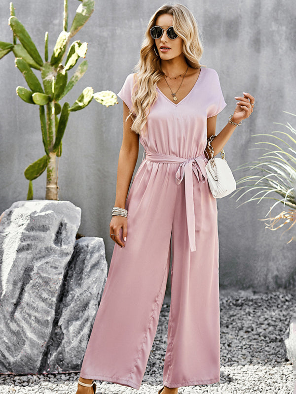 Comfy Wide-Leg Bib Overalls - V Neck Jumpsuit with Belt Tie &