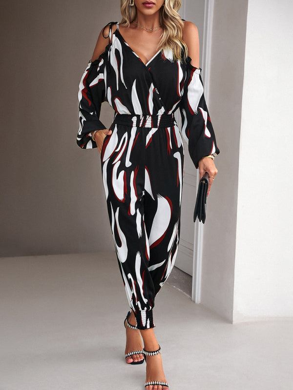Abstract Print Cold Shoulders Long Sleeve Jumpsuit Pantsuit	