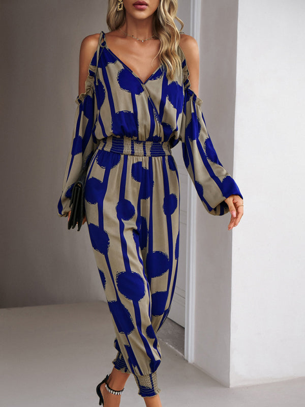 Abstract Print Cold Shoulders Long Sleeve Jumpsuit Pantsuit