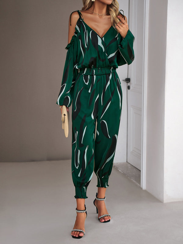 Abstract Print Cold Shoulders Long Sleeve Jumpsuit Pantsuit