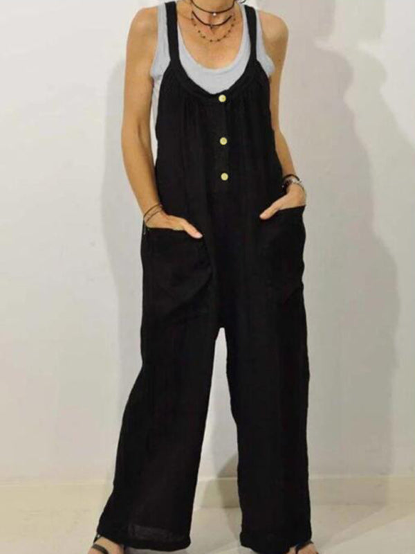 Cotton Linen Bib Overalls – Flowy Pantsuits with Pockets	