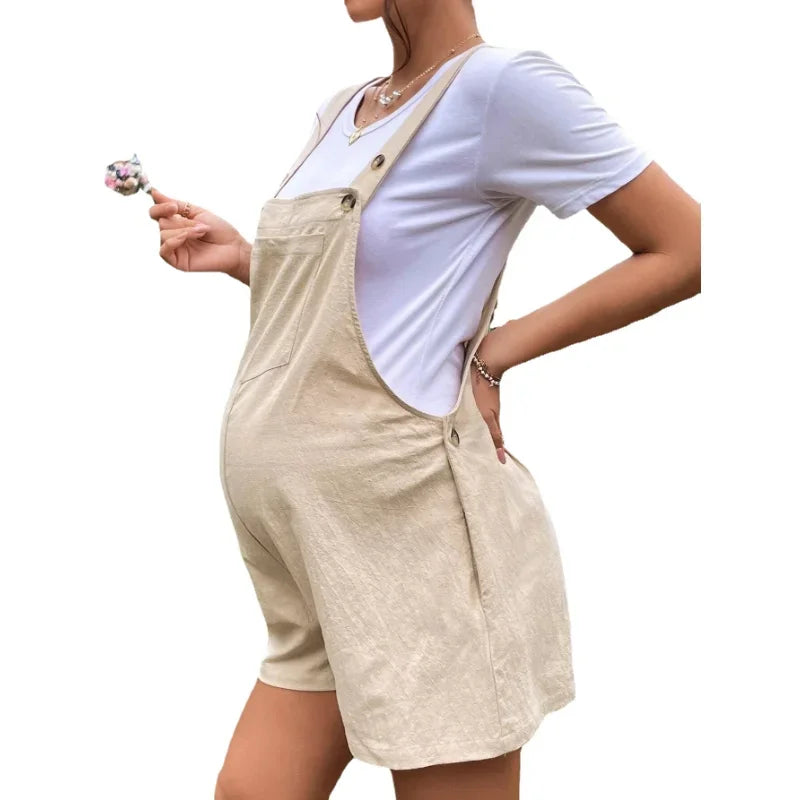 Solid Cotton Bib Shorts Maternity Romper	