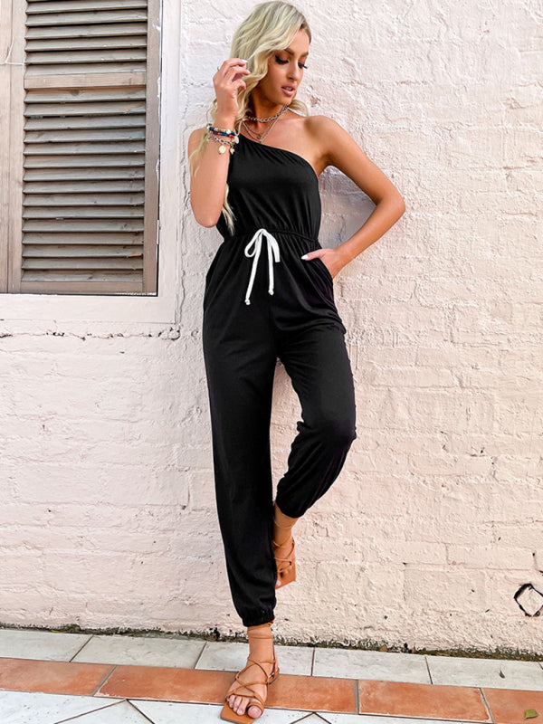 One Shoulder Jumpsuit with Gathered Waist & Pockets - Full-Length