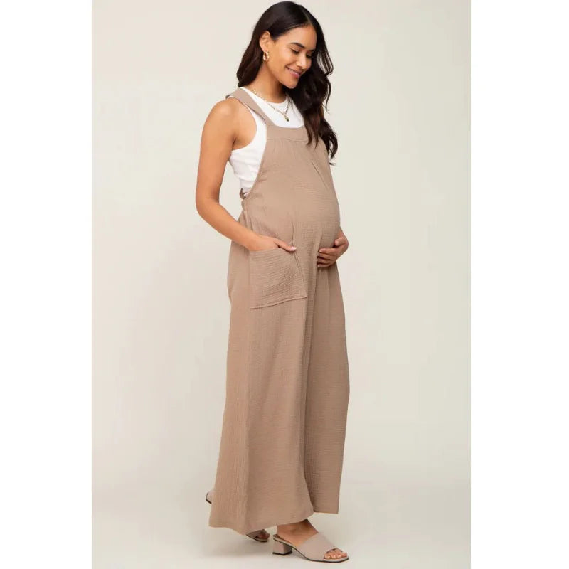 Casual Maternity Cotton Bib Playsuit - Wide-Leg Loose Jumpsuit	