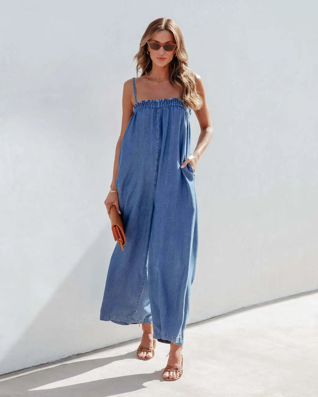 Full-Length Women Playsuit - Relaxed Denim Jumpsuit	