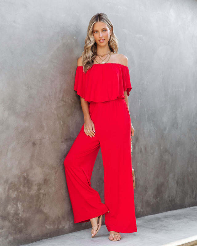 Solid Off-Shoulder Wide-Leg Elastic-Waist Jumpsuit Jumpsuits