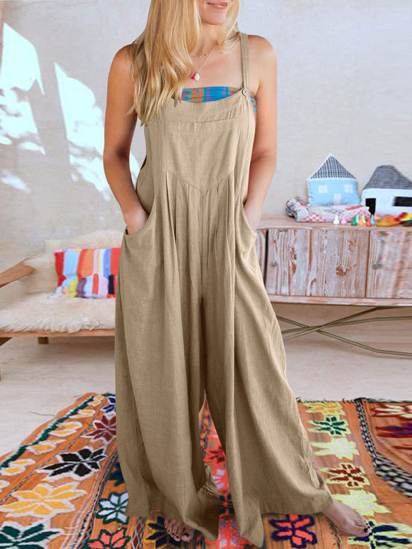 Solid Cotton Linen Wide-Leg Pantsuits - Jumpsuit Bib Overalls