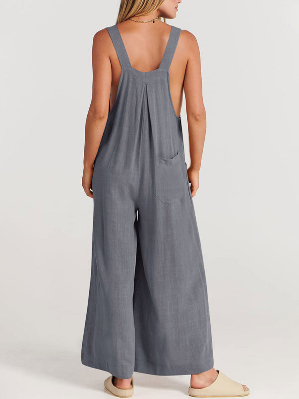 Solid Cotton Linen Wide-Leg Pantsuits - Jumpsuit Bib Overalls