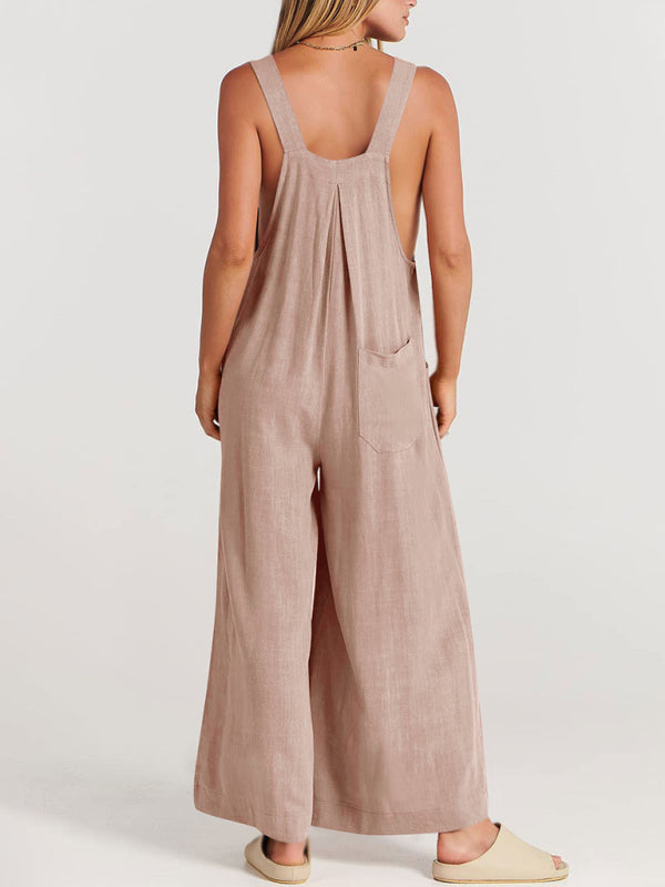 Solid Cotton Linen Wide-Leg Pantsuits - Jumpsuit Bib Overalls