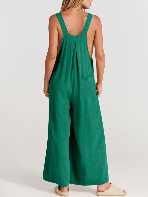 Solid Cotton Linen Wide-Leg Pantsuits - Jumpsuit Bib Overalls