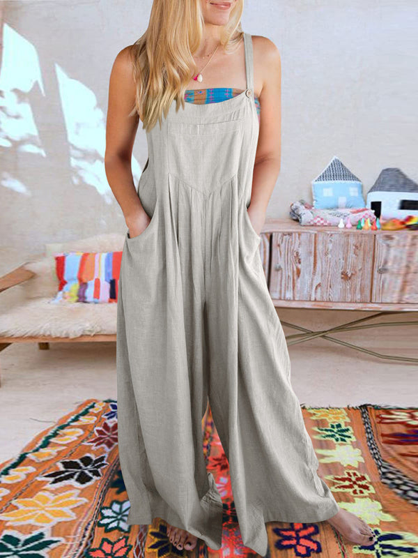 Solid Cotton Linen Wide-Leg Pantsuits - Jumpsuit Bib Overalls