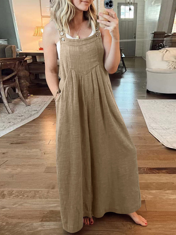 Solid Cotton Linen Wide-Leg Pantsuits - Jumpsuit Bib Overalls