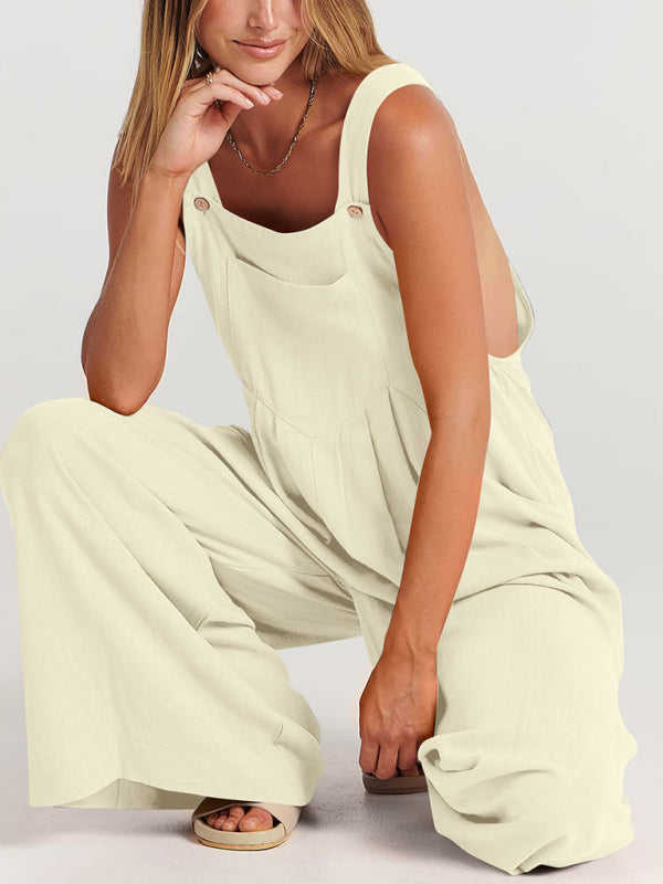 Solid Cotton Linen Wide-Leg Pantsuits - Jumpsuit Bib Overalls