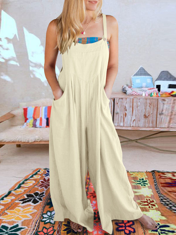 Solid Cotton Linen Wide-Leg Pantsuits - Jumpsuit Bib Overalls